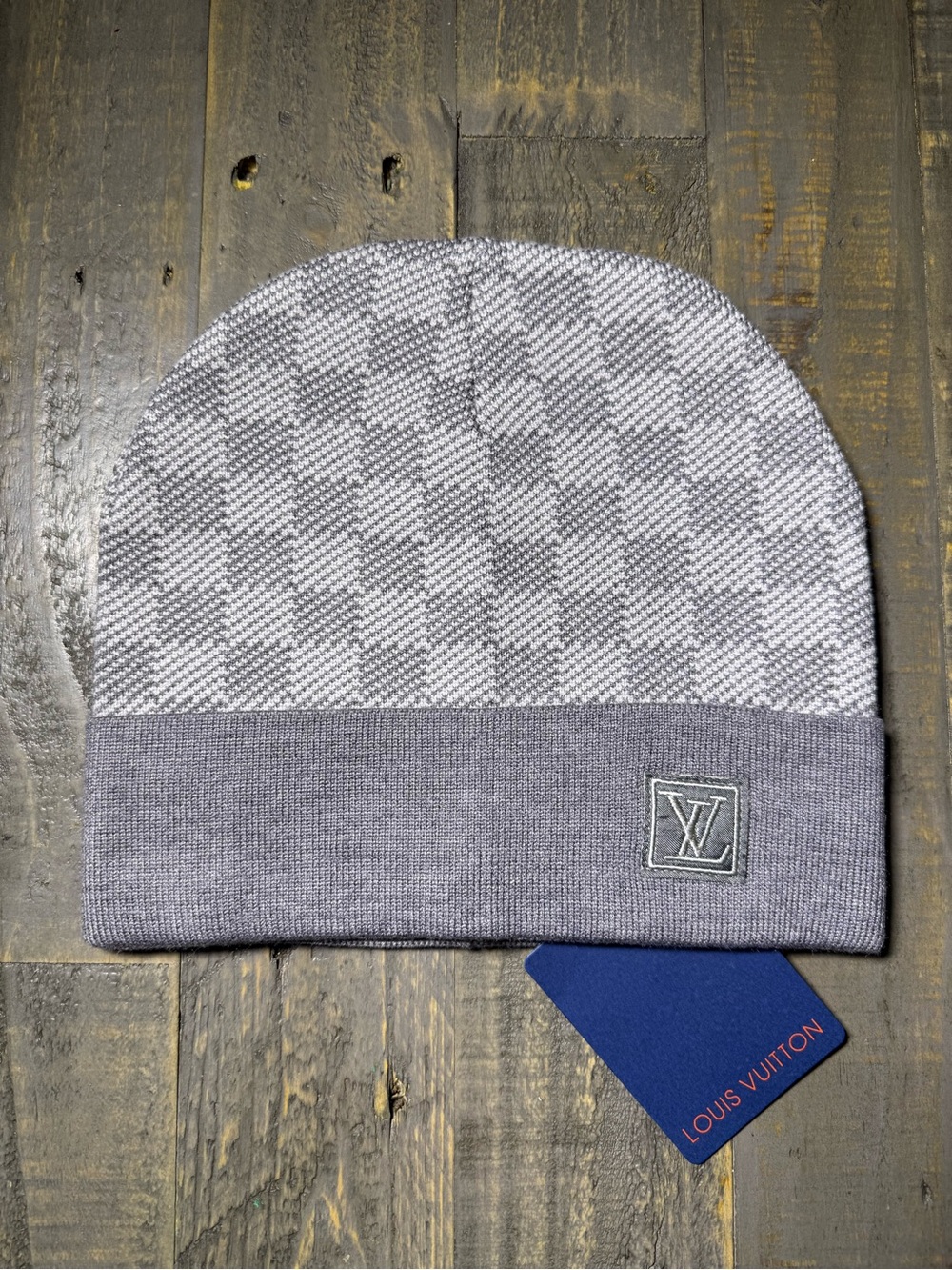 Louis Vuitton Light Grey Damier Knit Cuffed Beanie